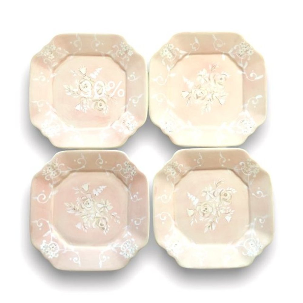 4 Tracy Porter Salad Dessert Plates Light Peach Pink Flowers White Swirls 8”